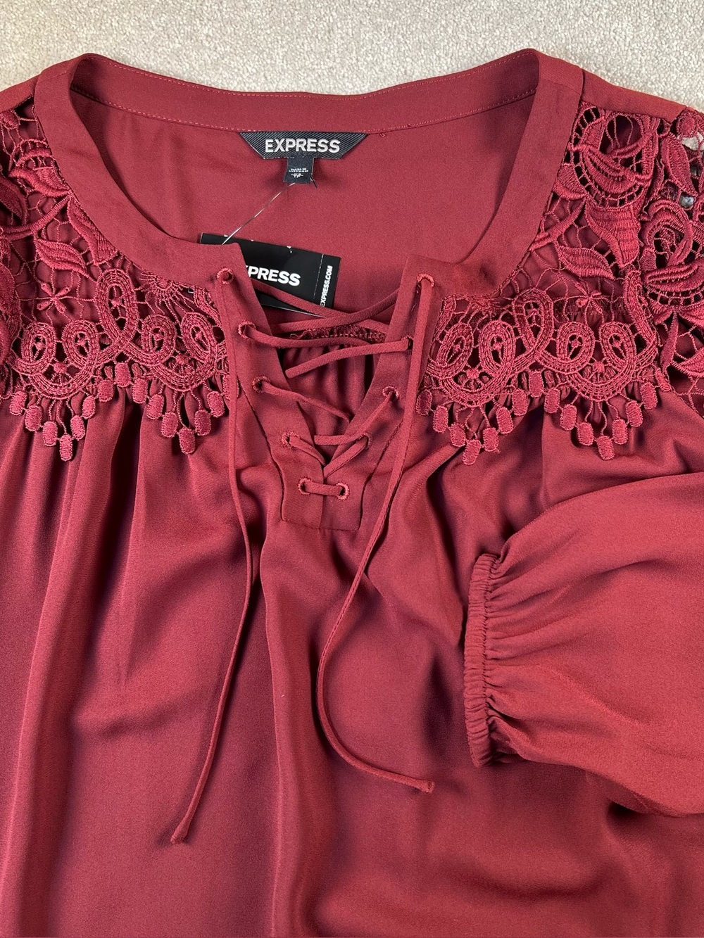 Express Blouse Lace Top NWT Red Long Sleeve Silky Lace Up Tie Neck Womens XSmall